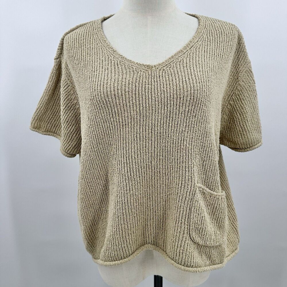 J Jill Pullover Silk Blend Sweater LARGE Petite Ribbed Gold V Neck Short Sleeve